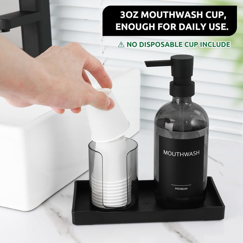 TOLDATLI Mouthwash Dispenser for Bathroom, Glass Mouth Wash Pump Dispenser with Cup Holder, 17 Fl Oz Mouthwash Bottle Decanter with Tray, Refillable Mouthwash Dispenser Container (Clear Black) - Image 3